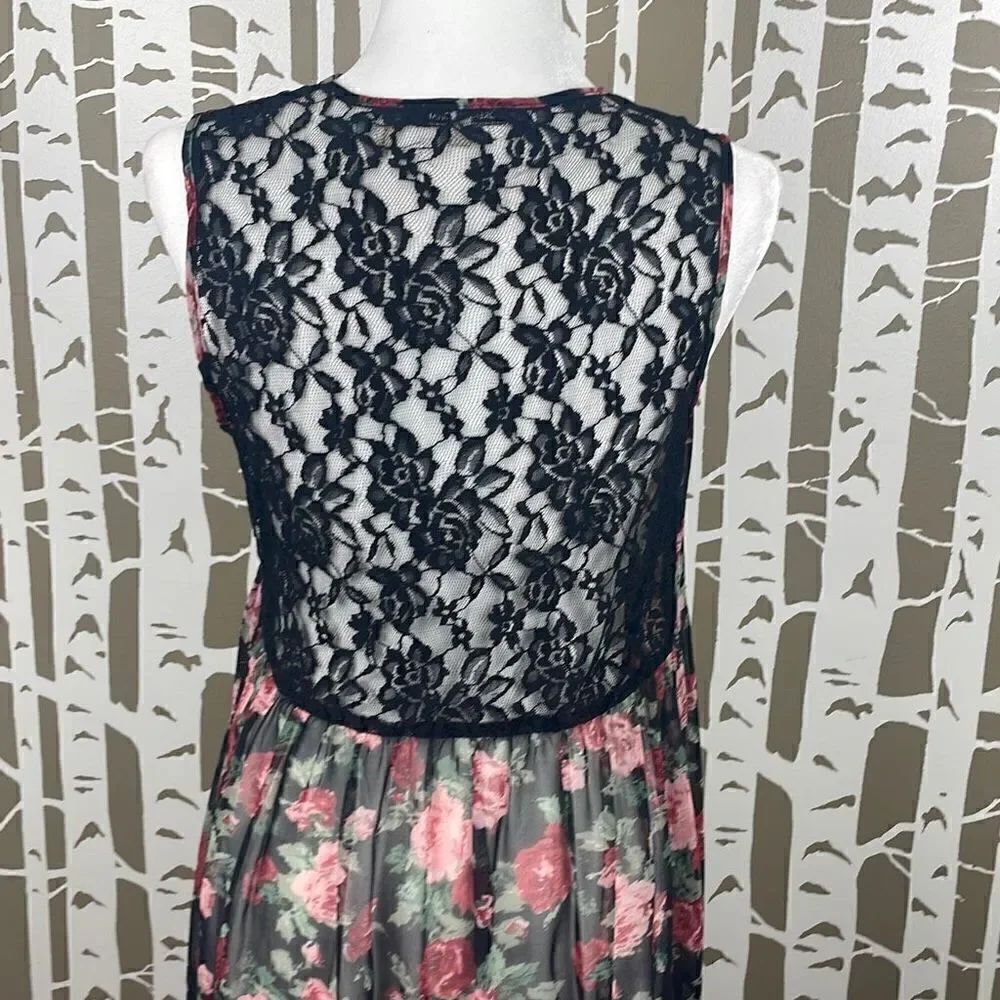 Foreign Exchange Long Sheer Rose Print Lace Back Open Front Maxi Vest Duster sz - Picture 4 of 10